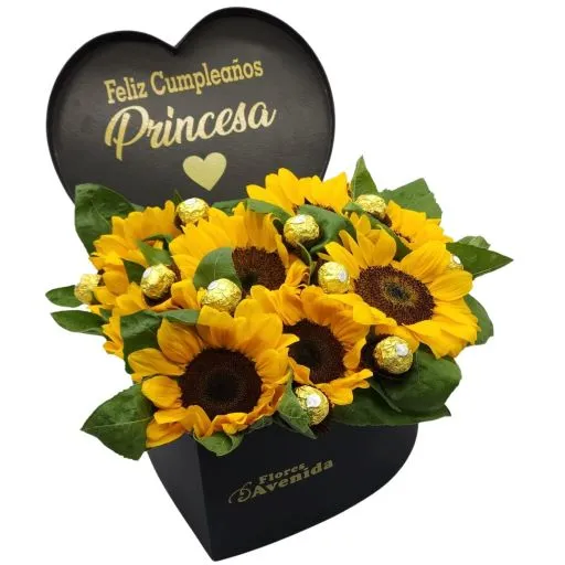 Caja corazon con flores girasol y chocolates rocher